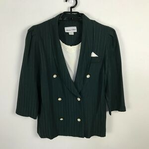 Vintage 1980s Michael Blake Green Blazer Size 10 Rayon Blend 3/4 Sleeve Career